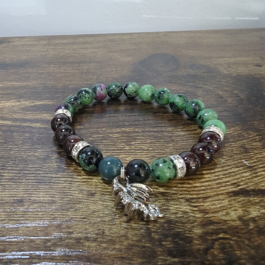 Ruby Zoisite and Garnet with Dragon Charm Bracelet