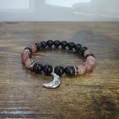 Rbw Obsidian and Strawberry Quartz with Moon Charm Bracelet