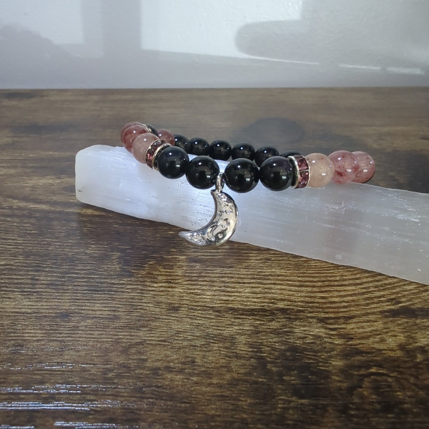 Rbw Obsidian and Strawberry Quartz with Moon Charm Bracelet