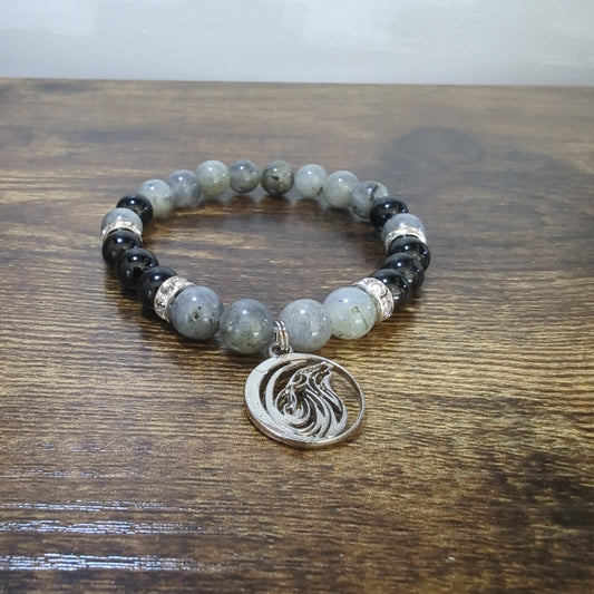 Blue Labradorite and Black Tourmaline with Wolf Charm Bracelet