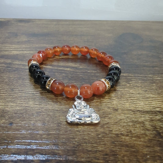 Carnelian W/ Black Onyx Happy Buddha Charm Bracelet