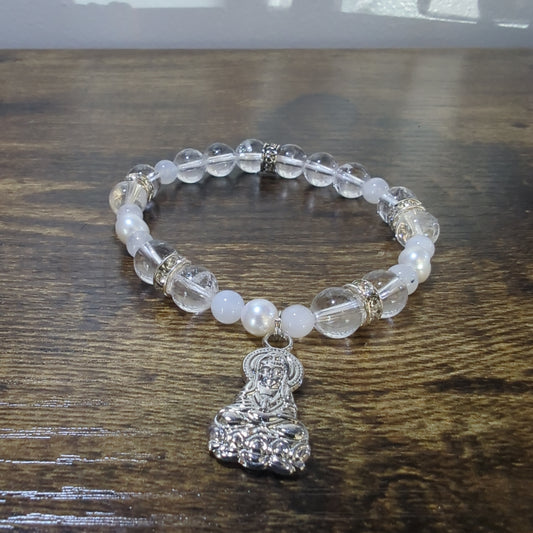 Crystal Qtz - Rbw Moonstone  Kuan Yin Charm Bracelet