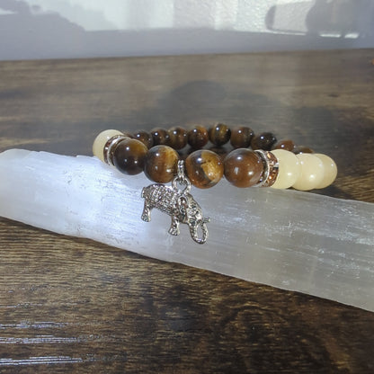 Tiger Eye - Honey Jade Elephant Charm Bracelet