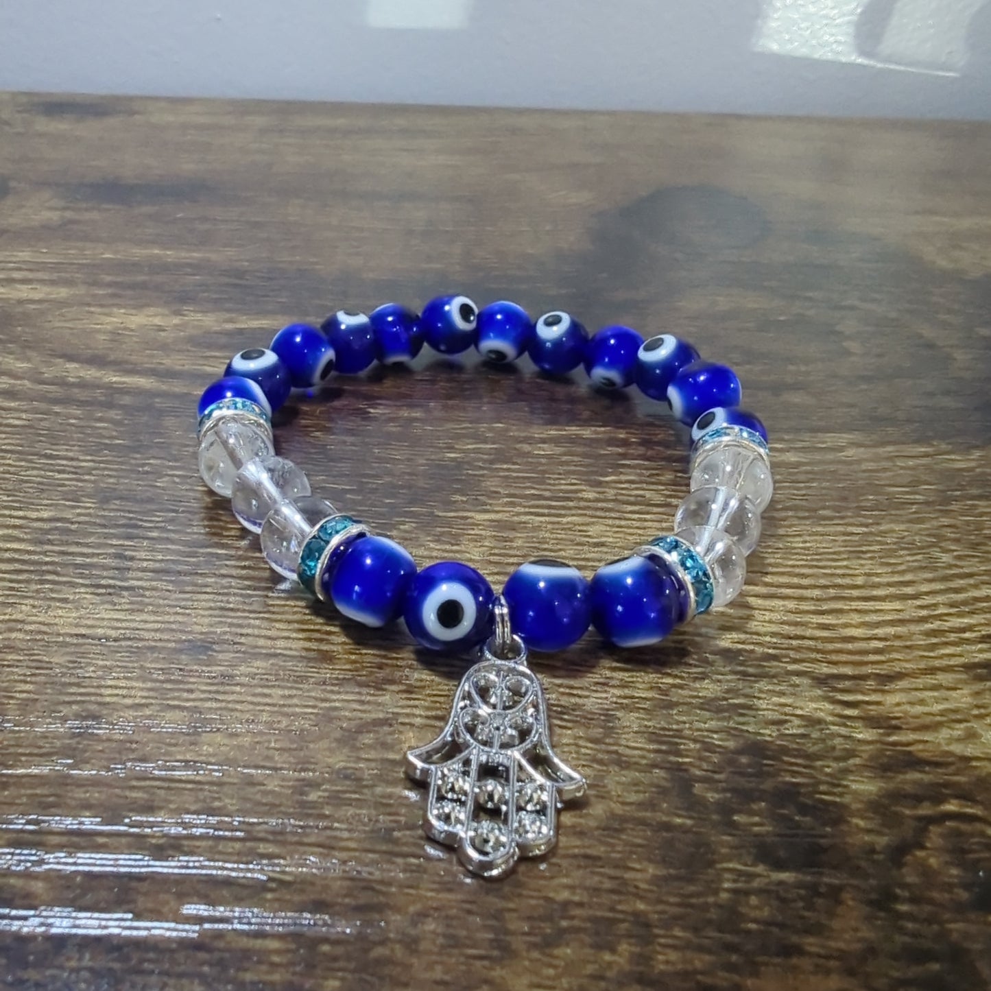 Clear Qrtz Evil Eye w/Fatima Hand Charm Bracelet