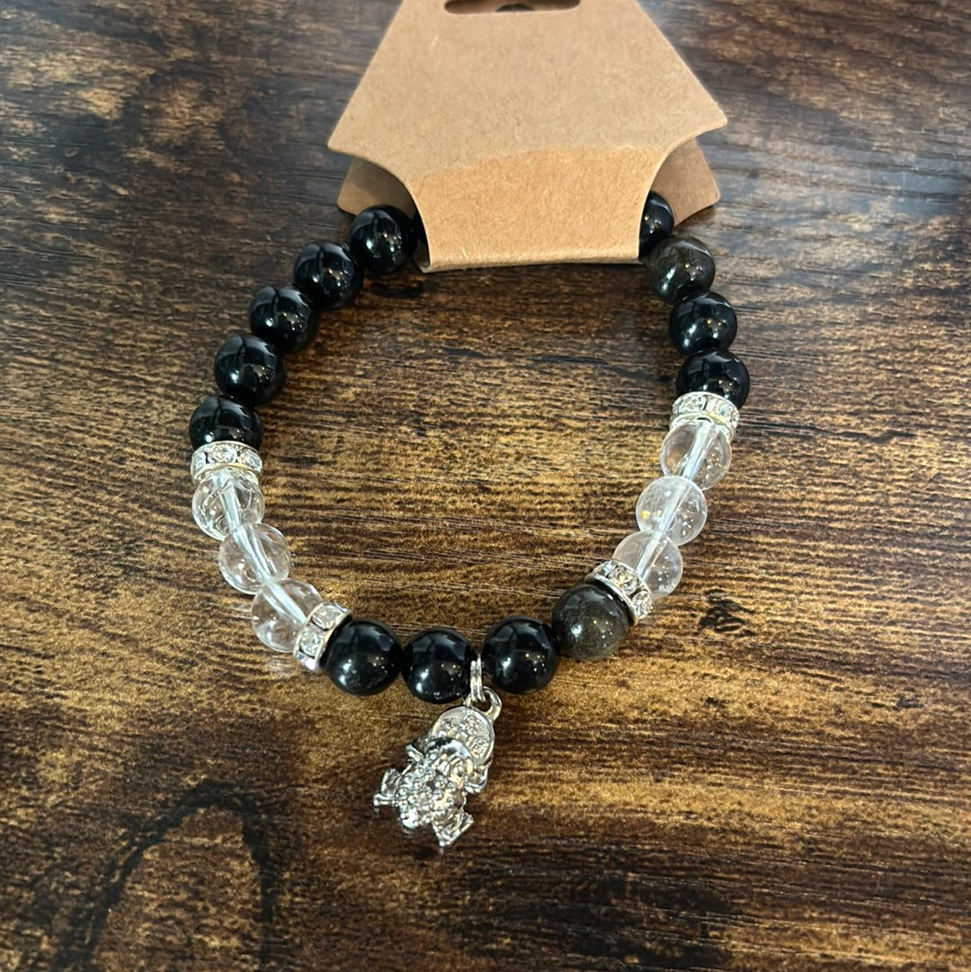 Goldsheen Obsidian and Clear Quartz - Frog Charm Bracelet