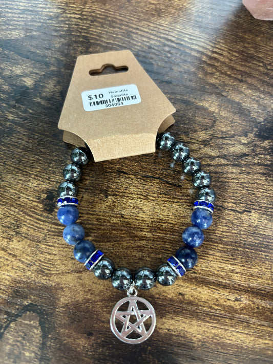 Hematite and Sodalite - Pentacle Charm Bracelet