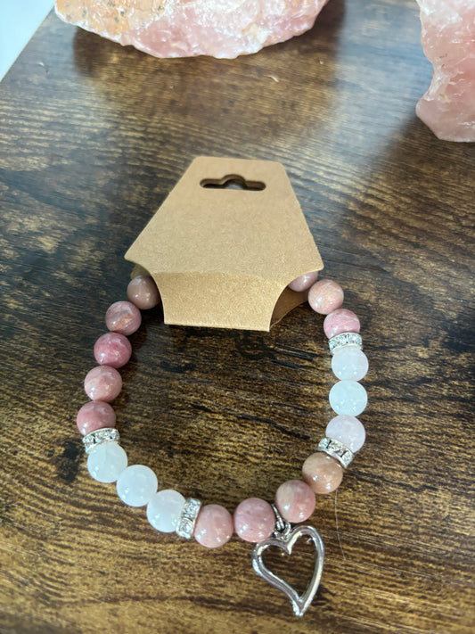 Rhodonite and Rose Quartz - Heart Charm Bracelet