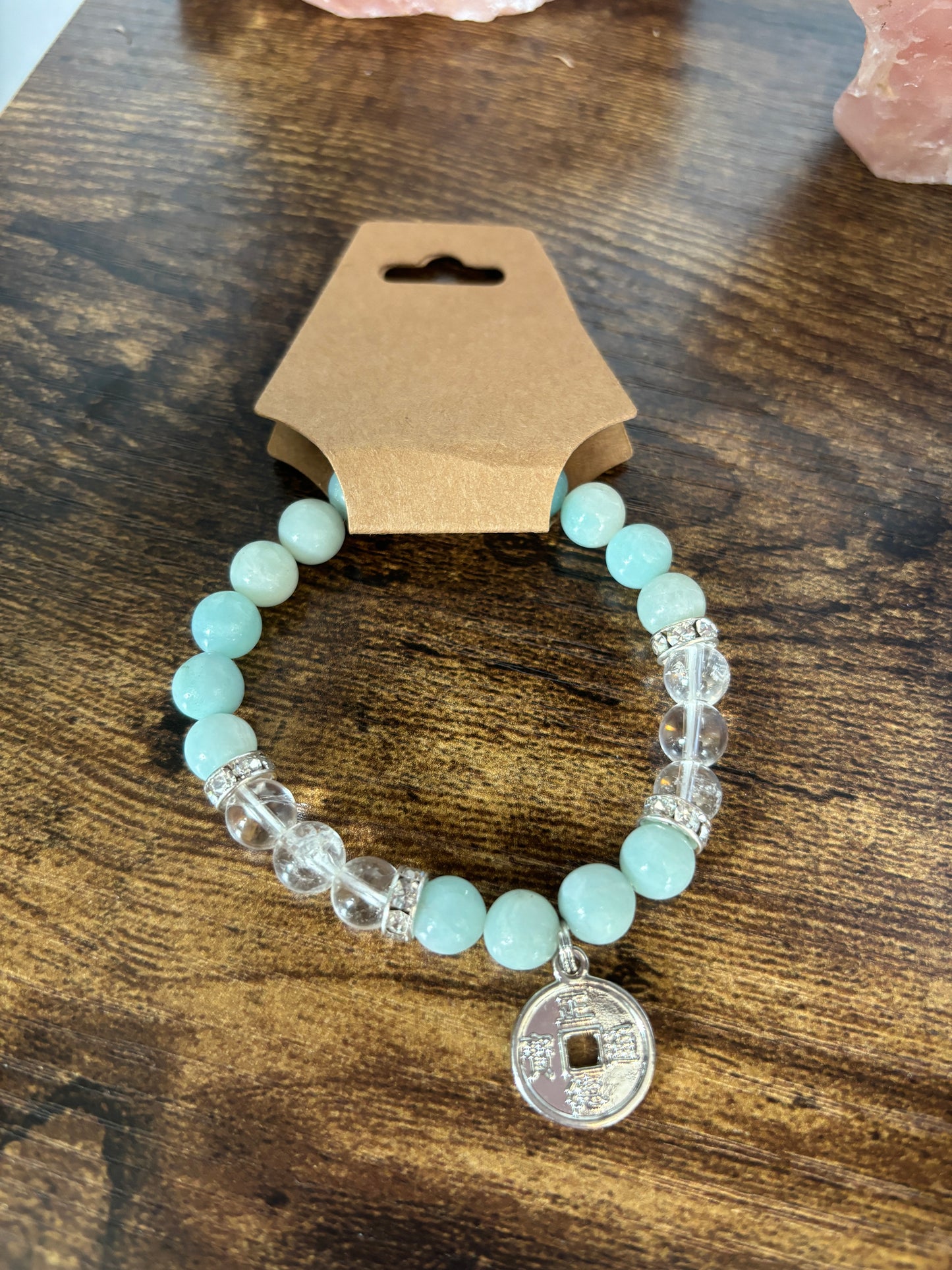 Amazonite and Clear Quartz - Coin Charm Bracelet