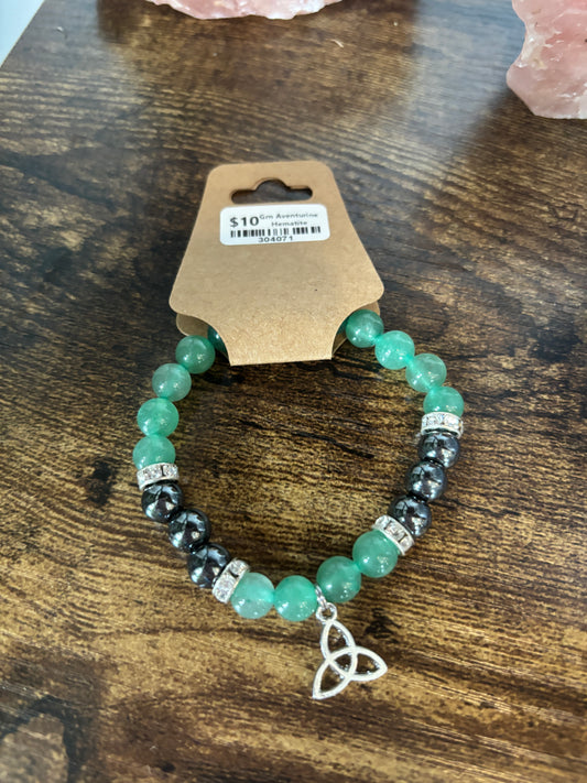 Green Aventurine and Hematite with Triquetra Charm Bracelet