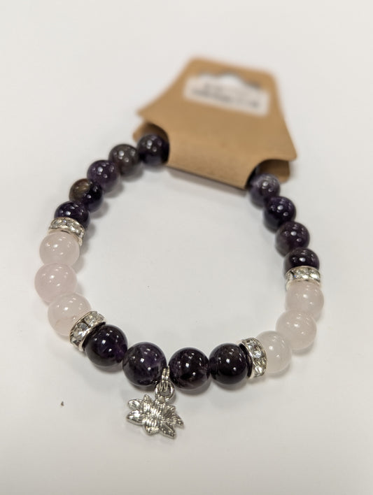 Amethyst Crystal  Rose Quartz  Lotus 8mm, Charm Bracelet