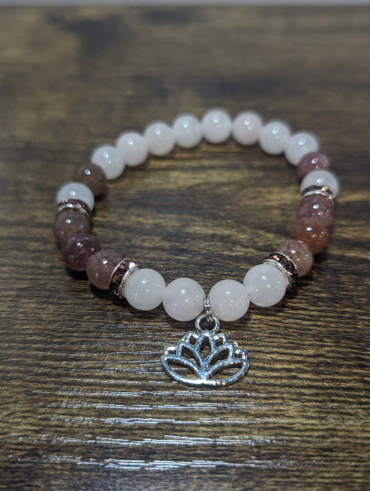 Rose Quartz and Strawberry Quartz - Lotus Charm Bracelet